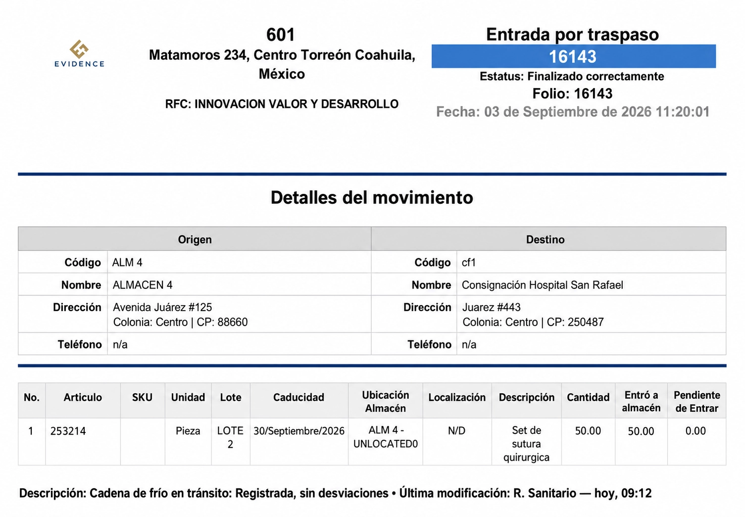 Comprobante de entrada por traspaso entre almacenes generado en Evidence ERP