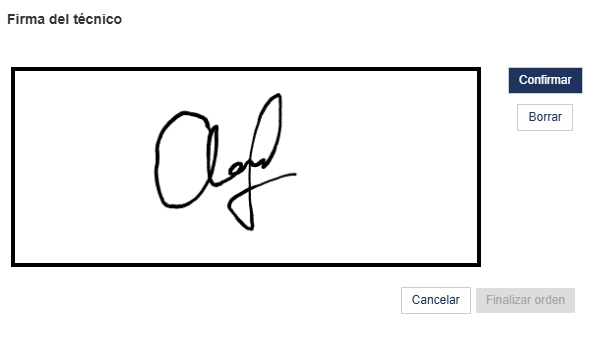 Firma del técnico vinculada a la orden